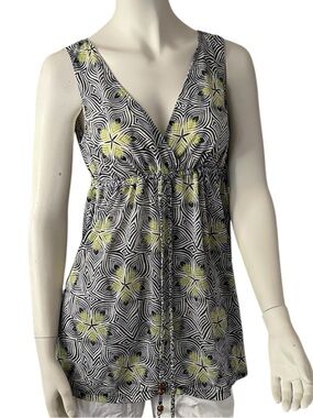 New York & Company Sleevelss Empire Tunic Blouse Navy/Green Print L EUC​